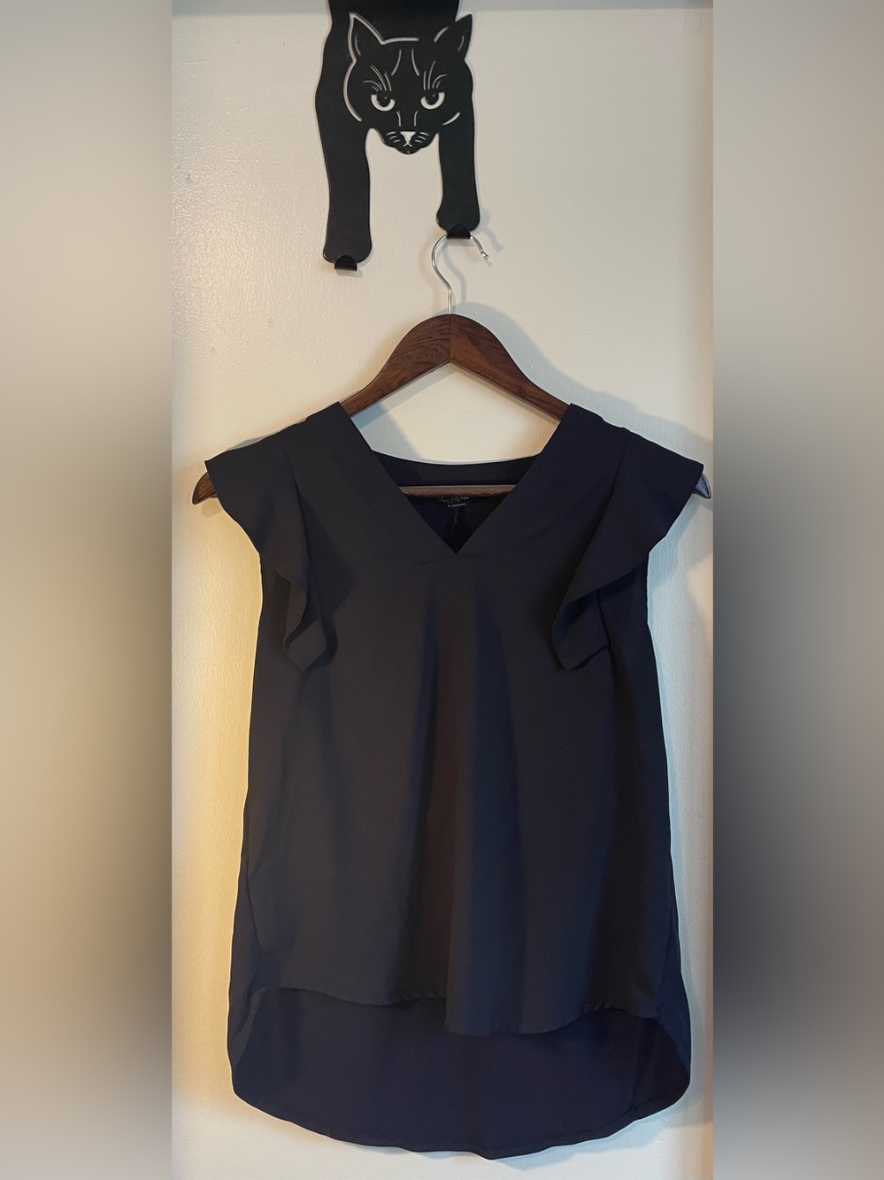 Ann Taylor Navy Flutter Sleeve V-Neck Blouse